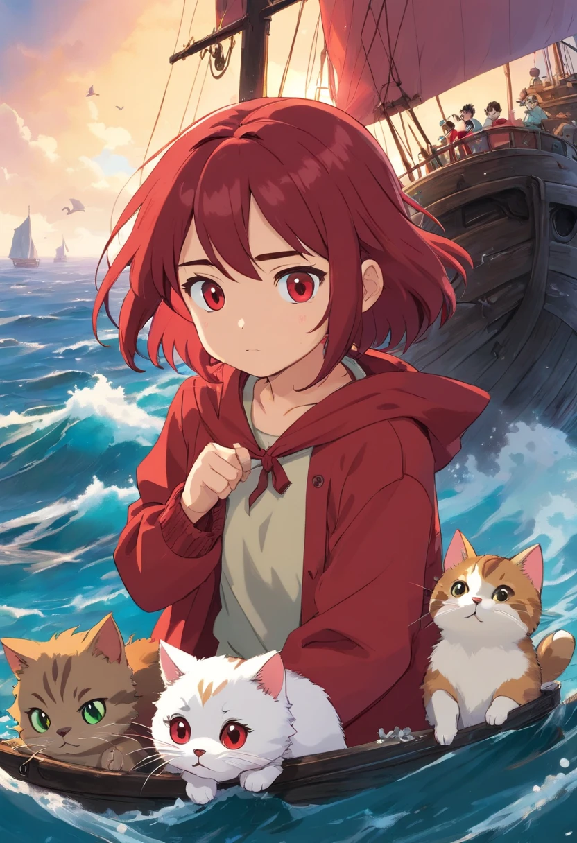 Apresentando o protagonista, uma jovem chamada Sara (((CABELO LISO) (CURTO) (VERMELHO CLARO)))She is shown with kittens, Sailing through the wreck, Her face reflecting determination and resilience. The camera magnifies the hope that shines in your eyes