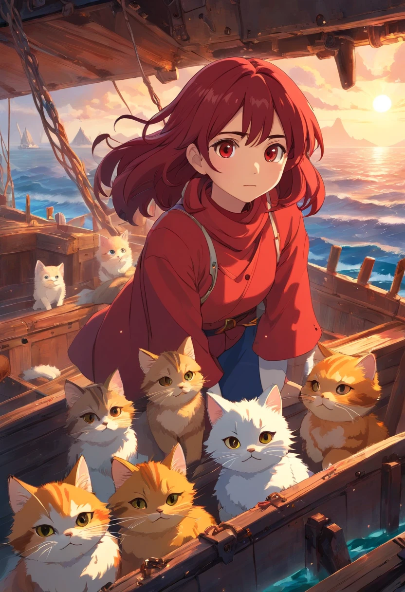 Apresentando o protagonista, uma jovem chamada Sara (((CABELO LISO) (CURTO) (VERMELHO CLARO)))She is shown with kittens, Sailing through the wreck, Her face reflecting determination and resilience. The camera magnifies the hope that shines in your eyes