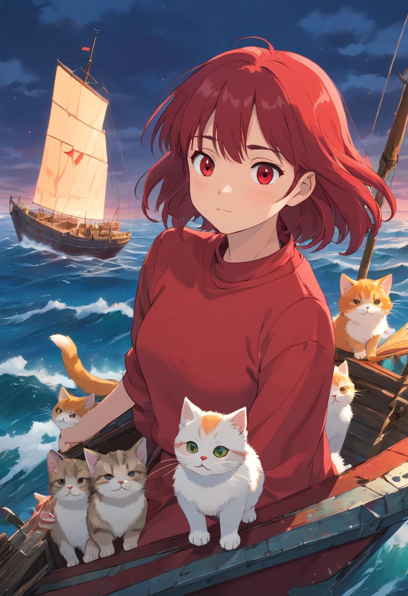 Apresentando o protagonista, uma jovem chamada Sara (((CABELO LISO) (CURTO) (VERMELHO CLARO)))She is shown with kittens, Sailing through the wreck, Her face reflecting determination and resilience. The camera magnifies the hope that shines in your eyes