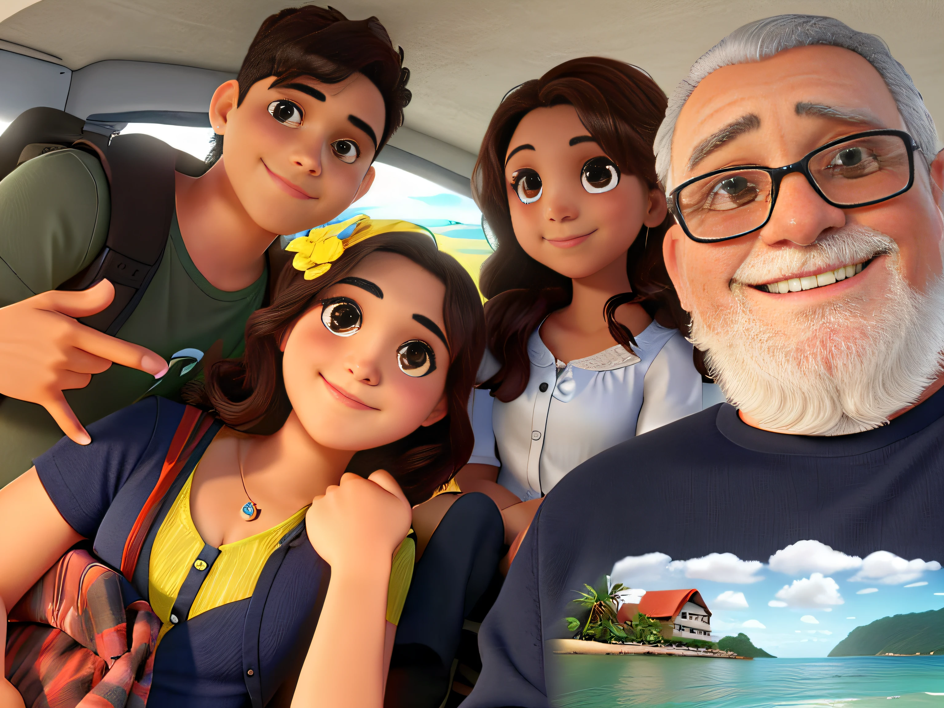 A slightly old man on a plane with several girls in bikinis around smiling