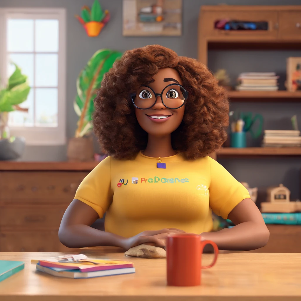 Crie um cartaz inspirado na Disney Pixar com o personagem sendo uma coordenadora pedagogica, Uma mulher afrodescendente de 40 anos, 80 quilos, Medium brown curly and long hair with golden blonde tips wearing glasses, em uma sala de aula com uma livros sobre a mesa