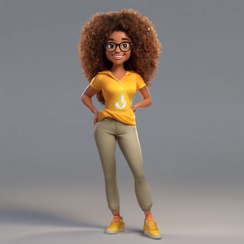 Crie um cartaz inspirado na Disney Pixar com o personagem sendo uma coordenadora pedagogica, Uma mulher afrodescendente de 40 anos, 80 quilos, Medium brown curly and long hair with golden blonde tips wearing glasses, em uma sala de aula com uma livros sobre a mesa