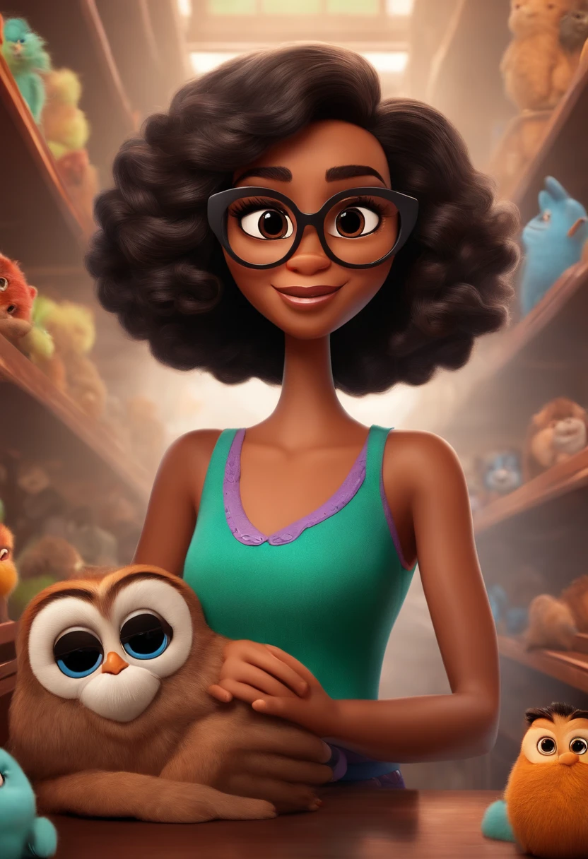 Crie um personagem feminino no estilo pixar dentro de um pet shop com pele marrom clara, o cabelo e extra liso e preto, olhos castanhos, wearing square glasses