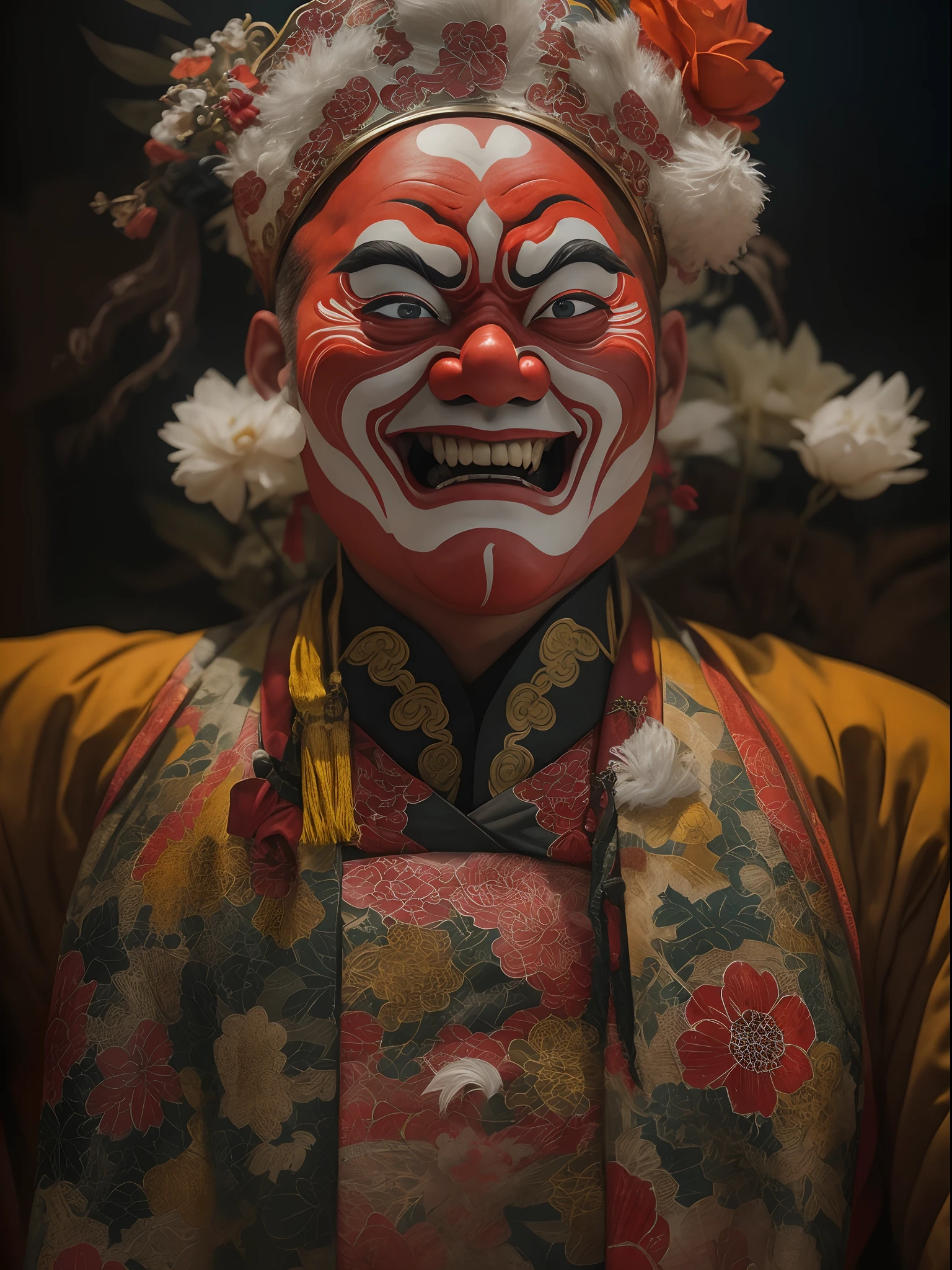 ((Close-up of the upper body of a man with the ugly face of a matchmaker)), (A super hilarious Peking Opera clown face), ( Laughing: 1.0), （Matchmaker makeup：1.10），Big red face，A large red flower is worn on his head，A muscular man, fit and muscular body, (No hair 1.0), obi strip，A wide training cloth is tied around the waist
background: Many of the facial makeup of Peking Opera and Sichuan Opera are hung on the black walls, Simple background,close up photograph,Photography,Ukiyo-e art,Caricature,Masterpiece,illustration,Encaustic painting,Portrait of Fayoum,Matte painting,Photorealism,Photorealistic,sober, Image from Bradford Young,author：david bailey,author：Laurent Bayeux,Refined atmosphere,Dark atmosphere,Tilt-Shift,Waist Shot(WS),Close up,Mood lighting, --AR 3:4 - Style original - varnishing ，a 3D render