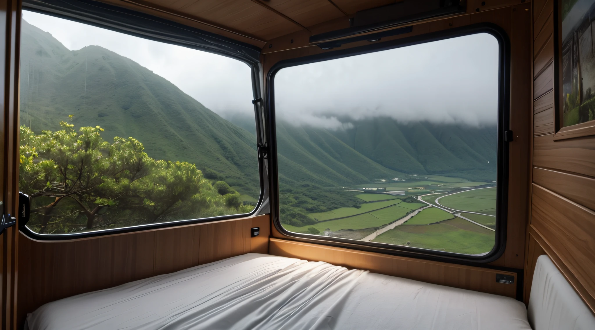 ponto de vista de dentro de uma van com cama e com janelas grandes, Outside the van there is a beautiful landscape and it is raining