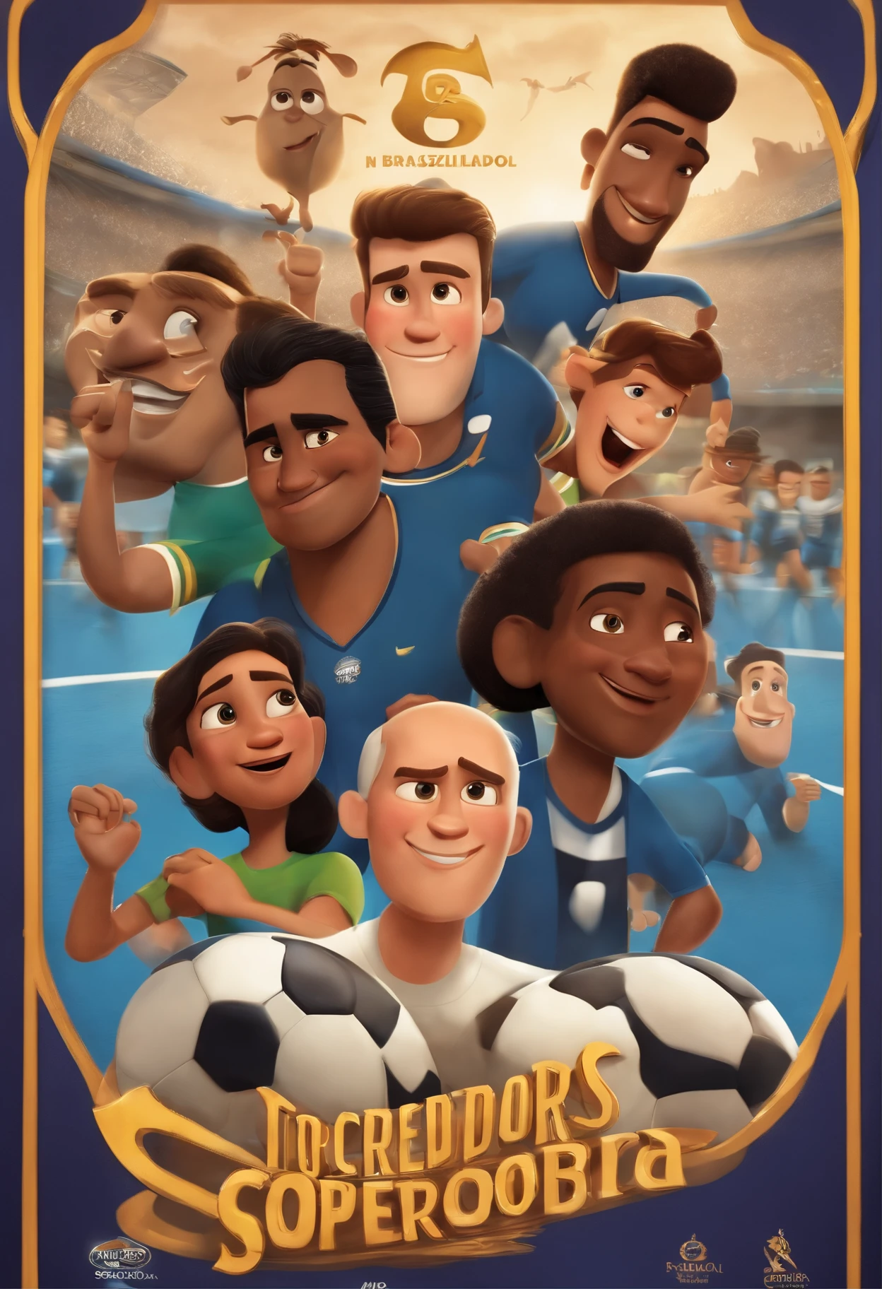 A Disney pixar-inspired movie poster with title "(TORCEDORES COPEROS SOROCABA)". (JOGADORES DE FUTEBOL COM A CAMISA LISTRADA PRETA E BRANCA COM SIBOLO DO TIME DE FUTEBOL BRASILEIRO SANTOS NA RUA COM TORCEDORES GRITANDO COM SINALIZADORES NO MEIO DA RUA E UMA BALEIA AZUL DE FUNDO). The scene should be in the distinct digital art style of pixar, with
