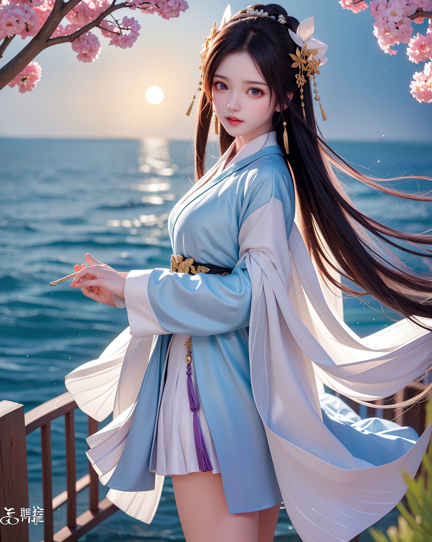 (8k, RAW photo:1.2), best quality, ultra high res,dramatic angle,(fluttered detailed color splashs), (illustration),(((1 girl))),(long hair),(rain:0.9), (头饰:1.4),少女身边有一座古宫,汉服,(重点),彩色水墨画,(泼彩),泼彩,(((colorful))),(素描:0.8) , Masterpiece, best quality, beautiful painted, highly detailed,(denoising:0.6),[splash ink],((ink refraction)), (beautiful detailed sky),moon,highly,detaild,(masterpiece, best quality, extremely detailed） CG unity 8k壁纸，杰作，最好的质量，超详细），（石蒜），