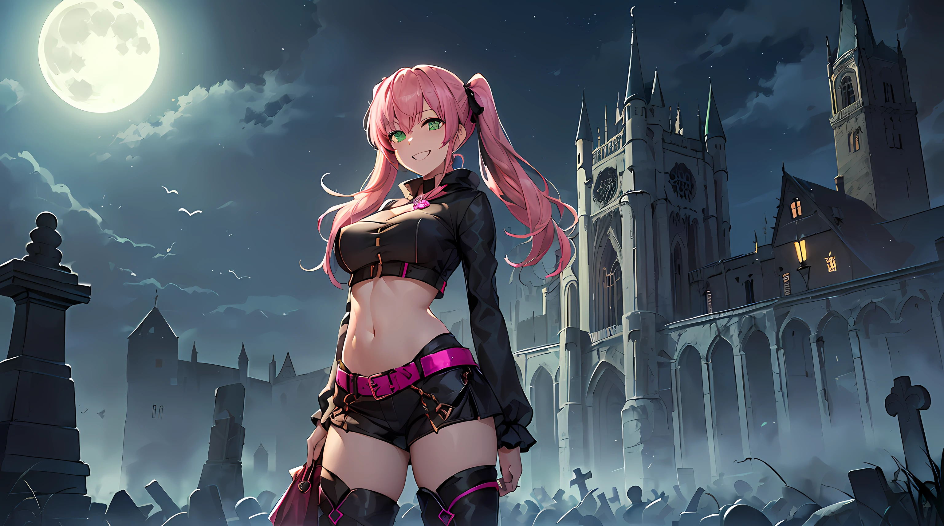 ​masterpiece, 1girl ((20year old, dressed as an evil sorceress, crop top exposes navel, boots, medium breasts, multicolor pink hair, twin ponytails, perfect model body, green eyes:1.5, flirting, happy, big smile, standing in a evil graveyard:1.3 with an old haunted castle in the background at night:1.2, moonlight:1.2, scary, spooky, dark atmosphere:1.2)) ((nighttime)) ((solo:1.6))