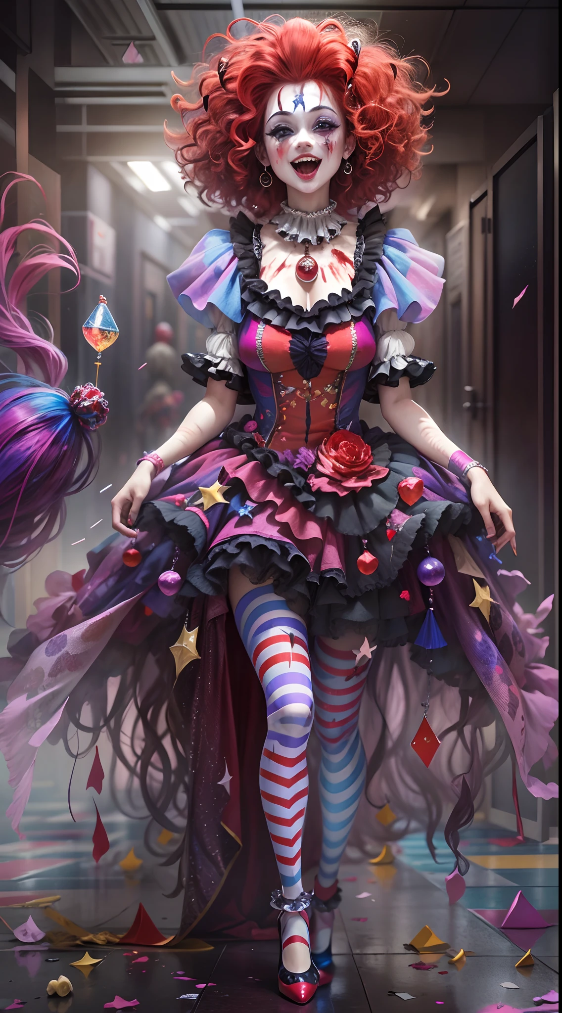 Crazy Clown Queen,Teardrop-shaped eyes，Reddens Nose，Cute,Wavy hair, feathered headdress，Sparkling sequins,Colorful clown costumes, mitts, ，high-heels。burst into laughter, (The ground was covered in blood), (Standing in the hospital corridor),painting-like,Sharp contrast,ominous lighting,Best quality, realistic, photo level fidelity: 1.37, artistic interpretation, masterpiece: 1.2, high-rise