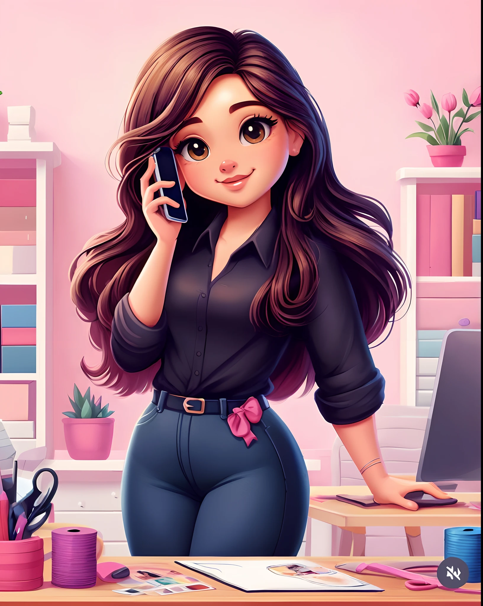 uma mulher de camisa preta e saia estampada falando ao celular, arte digital detalhada bonito, Cartoon style illustration, in illustration style digital, arte digital bonito, arte dos desenhos animados, estilo de arte dos desenhos animados, office clothes, in cartoon style, estilo bonito dos desenhos animados, arte digital dos desenhos animados, estilo de arte bonito, painting digital adorable, pintura realista da bonito, desenho animado de arte digital