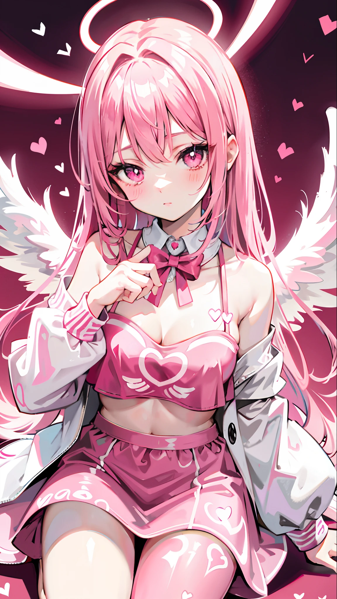 Pink hair, red eyes, heart-shaped pupils, hearts printed on clothes, pink dress, pink and white color scheme, Valentine's Day, angel, wings, halo