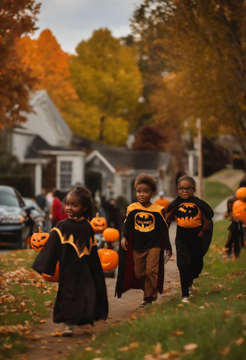 lots of black and brown children trick or treating with super hero costumes on in the community with a halloween and fall theme