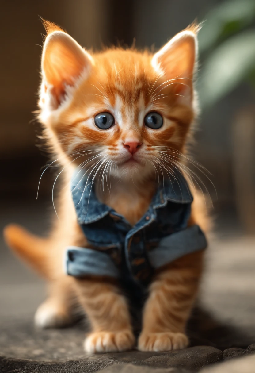 A cute orange kitten，Wear it with a denim suit，athletic sneakers，Facing the camera，Pleasant expression，number art，uhd，8k，tmasterpiece