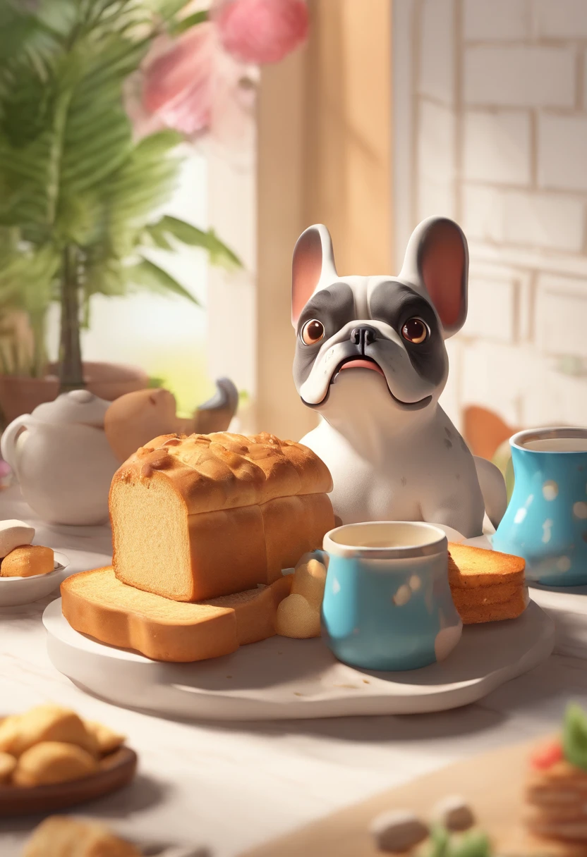 Criar um cartaz da Pixar, de um idoso um senhor de 81 anos, pele branca, cabelo loiro Crespo e bem curtinho, ele tem bigode loiro e olhos azuis bem vibrantes, and has frown lines between the eyes and forehead. They love to have afternoon coffee in their white ceramic mugs, and eat homemade bread and homemade cake, em suas cadeiras que fica junto de uma mesinha na varanda de sua casa. They've got a lot of little birds, canarinhos, beija flor, muitas flores e folhas, and a black French bulldog dog with brown spots.