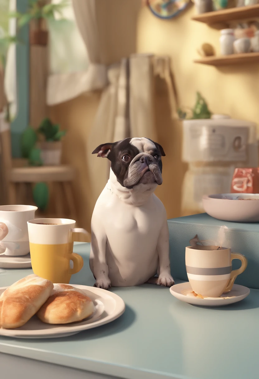 Criar um cartaz da Pixar, de um idoso um senhor de 81 anos, pele branca, cabelo loiro Crespo e bem curtinho, ele tem bigode loiro e olhos azuis bem vibrantes, and has frown lines between the eyes and forehead. They love to have afternoon coffee in their white ceramic mugs, and eat homemade bread and homemade cake, em suas cadeiras que fica junto de uma mesinha na varanda de sua casa. They've got a lot of little birds, canarinhos, beija flor, muitas flores e folhas, and a black French bulldog dog with brown spots.