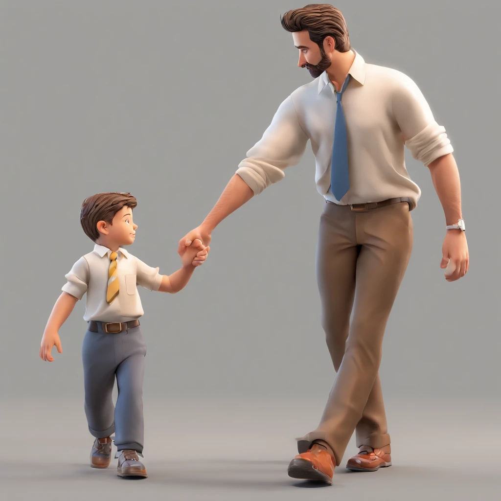 Father and son holding hands, pai com 29 anos cabelo branco penteado para lado com barba preta. Filho de 2 anos com cabelo castanho claro olhos castanhos