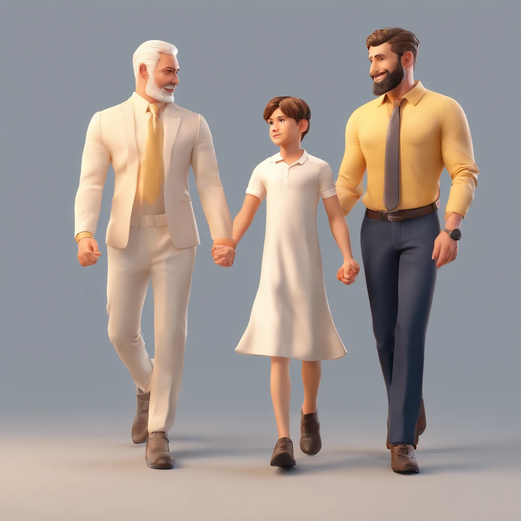 Father and son holding hands, pai com 29 anos cabelo branco penteado para lado com barba preta. Filho de 2 anos com cabelo castanho claro olhos castanhos