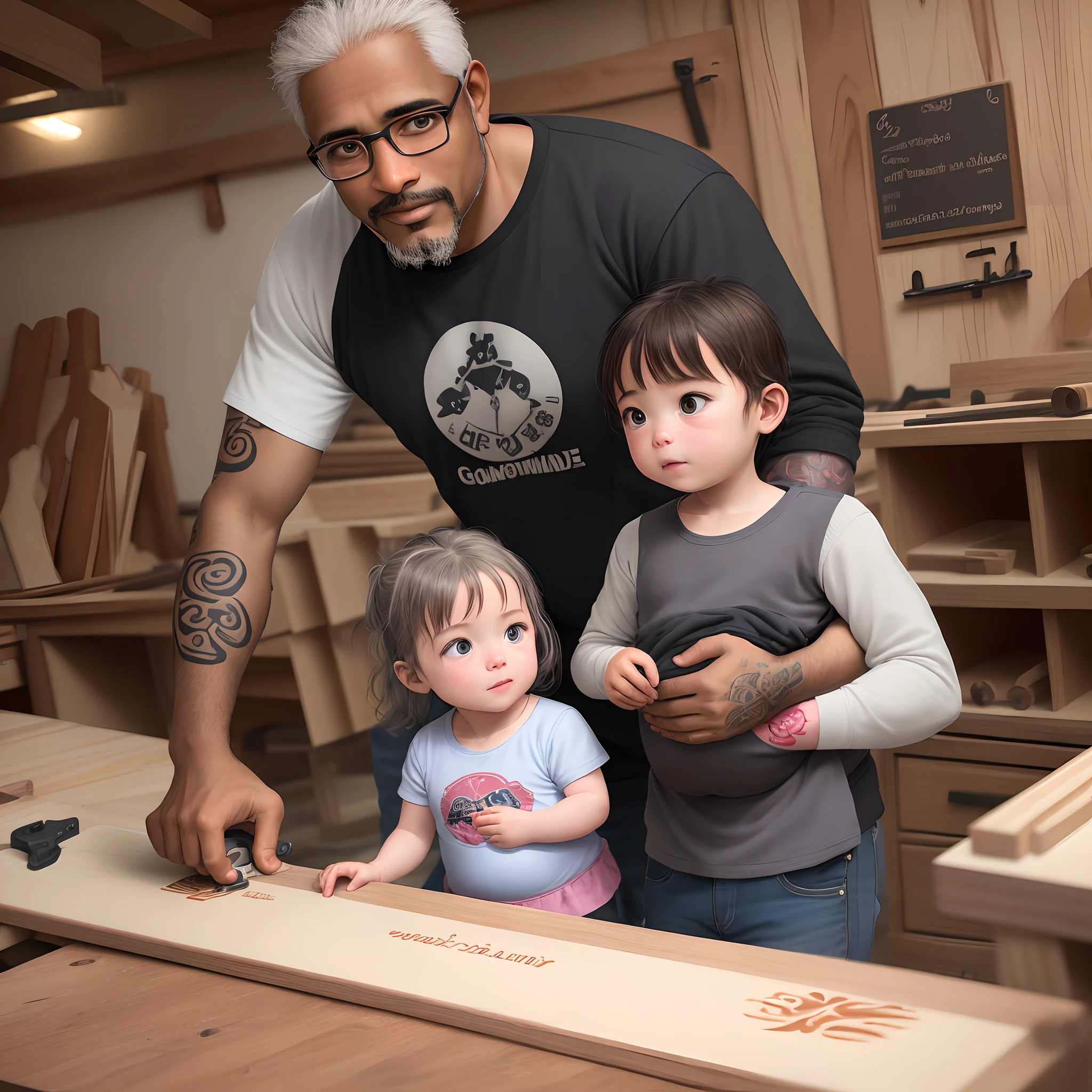 A 52-year-old brown man with goatee and tattoo, black eyes, gray hair in his woodworking shop, sawing a board type drawing with his daughter next to her, a one--old cinside a baby comfort, ing at her father