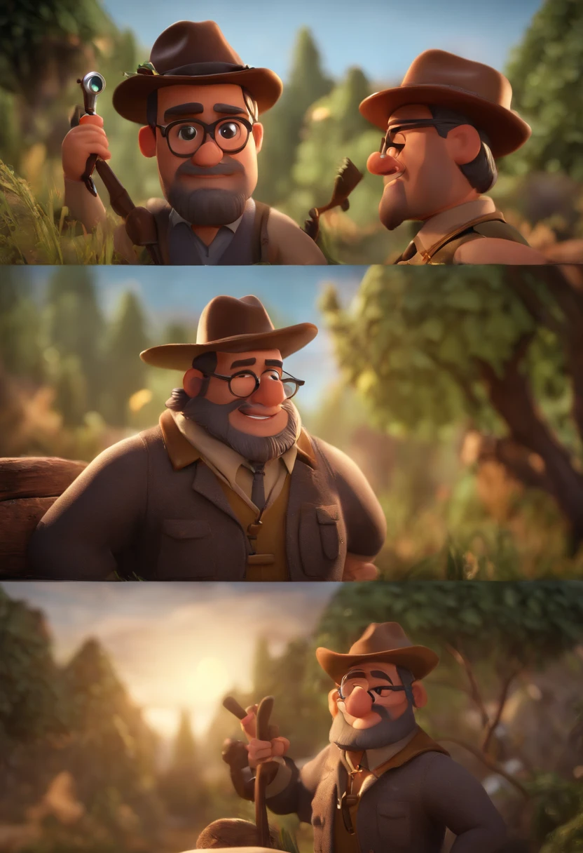 Pixar Style Character Man with Black Glasses and Hat, jovem, barba e bigode, cabelos escuros, olhos castanhos escuros, carregando equipamentos de aventura com mochila nas costas, estilo indiana Jones, com fundo de natureza, animation character, Caractere estilizado, animation style rendering, 3D estilizado, Arnold Maya render, 3 d render stylized, toon render keyshot, Personagem 3D, Personagem 3D, 3d rendering stylized, 3 d character render, personagem de desenho animado, Personagem de close up, Pose de personagem, (Estilo Pixar) (master part:1.2) (Bokeh) (melhor qualidade) (pele detalhada) (textura detalhada) (8k) (argila) (Cinematic lighting)