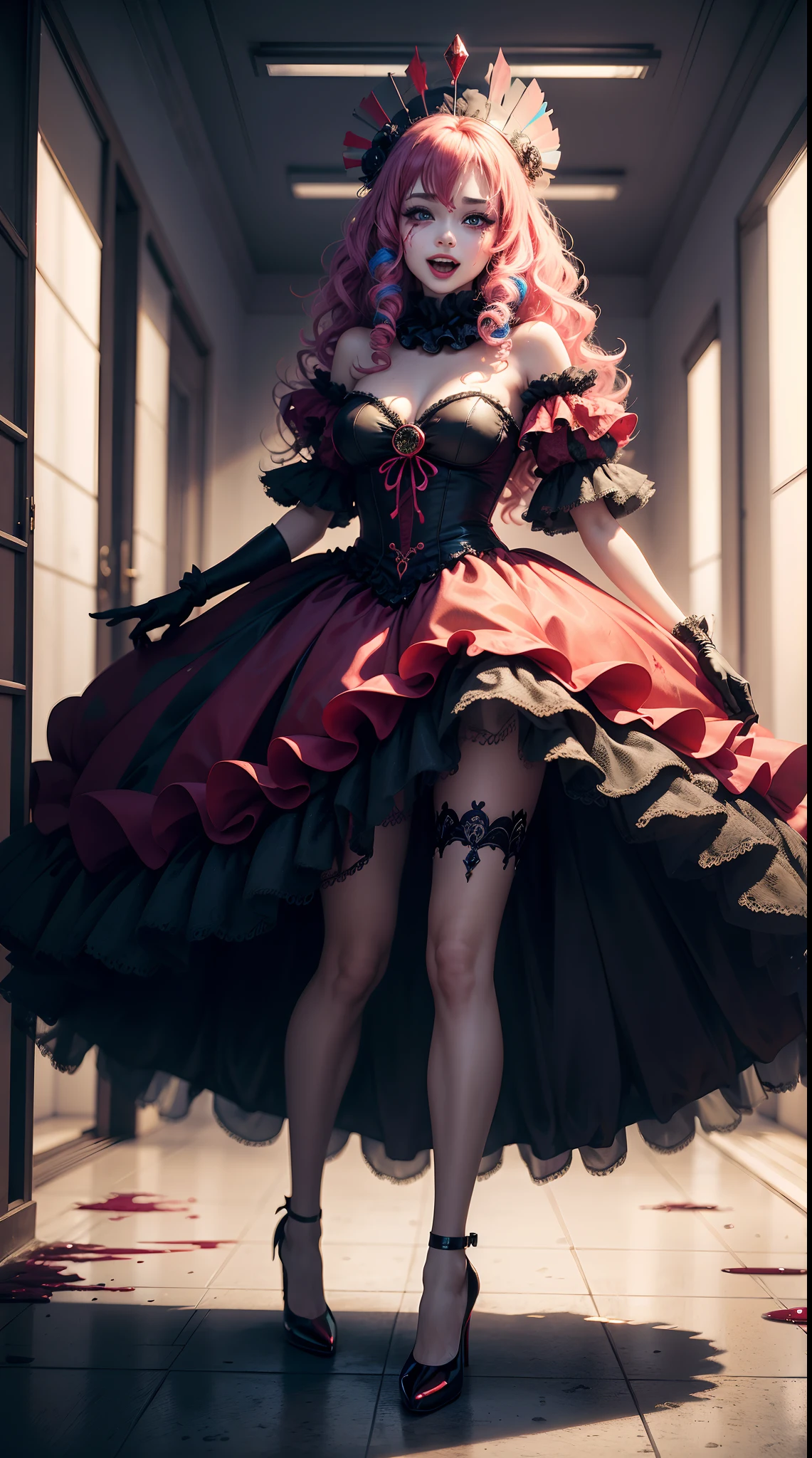 Crazy Clown Queen,Teardrop-shaped eyes，Reddens Nose，Cute,Wavy hair, feathered headdress，Sparkling sequins,Colorful gloves, ，high-heels。burst into laughter, (The ground was covered in blood), (Standing in the hospital corridor),painting-like,Sharp contrast,ominous lighting,Best quality, realistic, photo level fidelity: 1.37, artistic interpretation, masterpiece: 1.2, high-rise