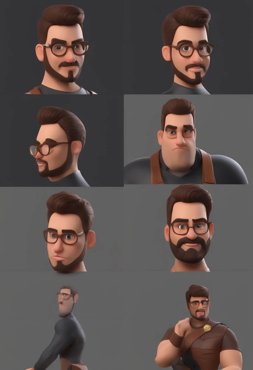 Personagem de desenho de um jovem de 23 anos de barba grande e cabelo curto, um personagem animado, Caractere estilizado, 3D estilizado, render, 3d stylized rendering, toon render keyshot, Personagem 3D, Personagem 3D, 3 d character render, personagem de desenho animado, Personagem de close up, Pose de personagem, (Estilo Pixar) (master part:1.2) (Bokeh) (best quality) (pele detalhada) (textura detalhada) (8k) (argila) (Cinematic lighting) (foco nítido，Senta e vaza a parte superior do corpo