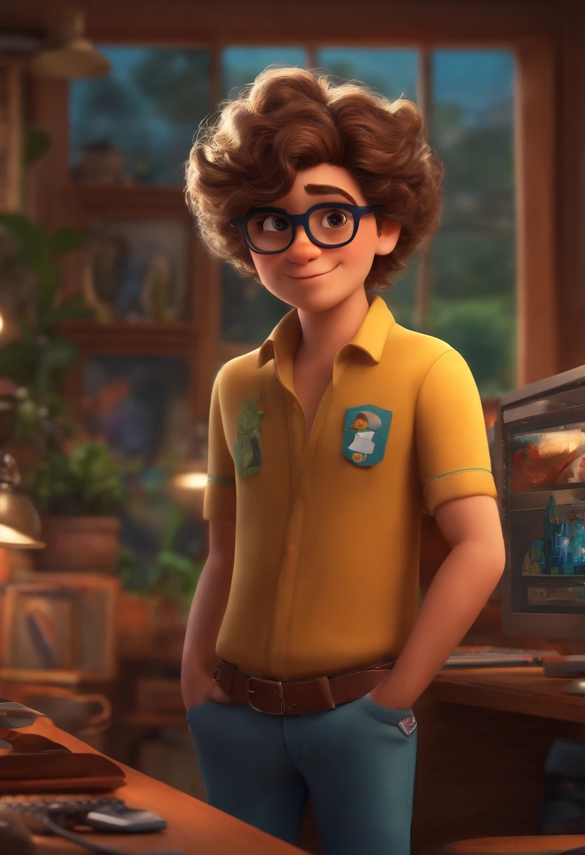  estilo desenho animado, Pixar, cabelo muito curto, Glasses making design on computer