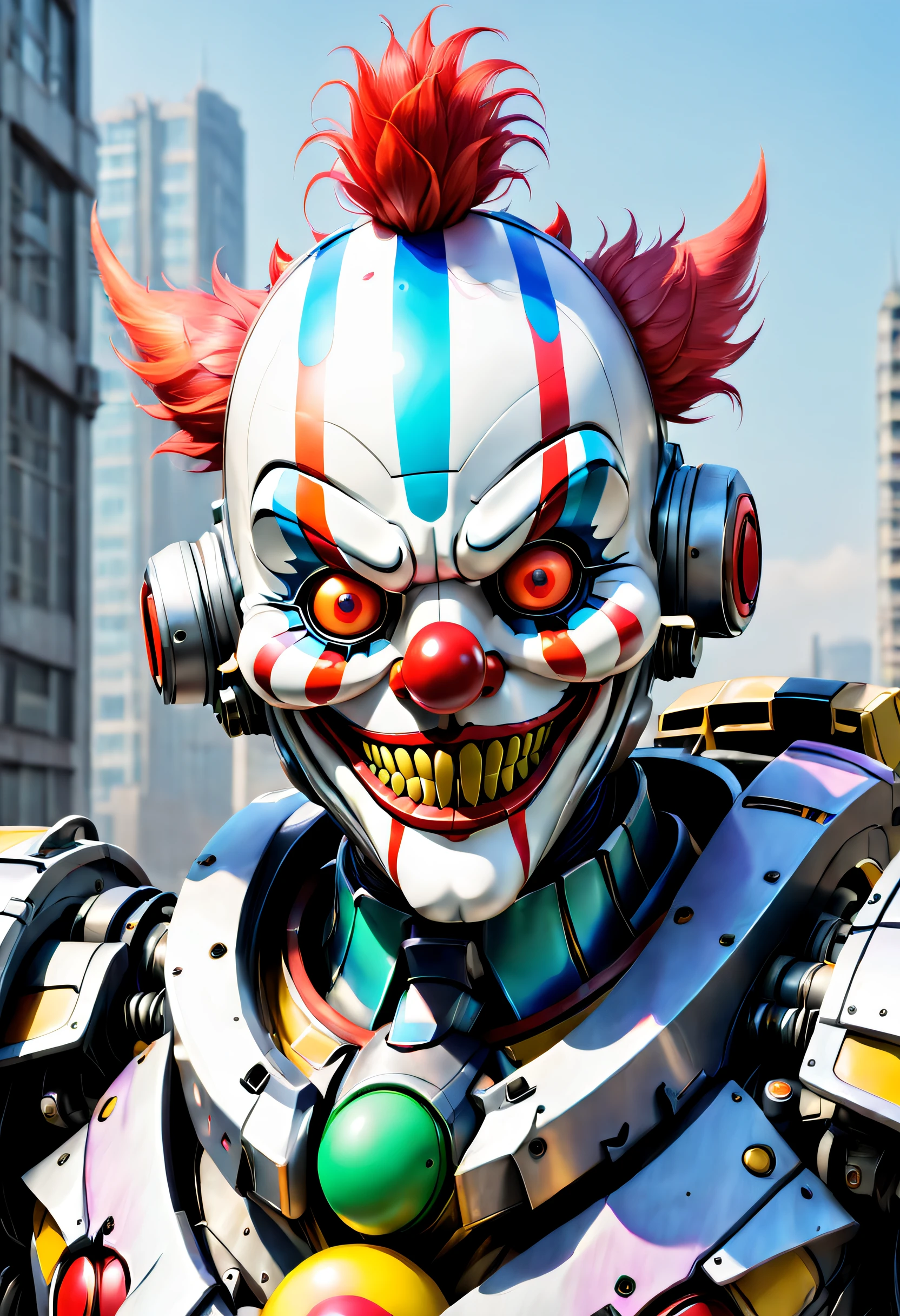 A mecha wearing a clown mask
