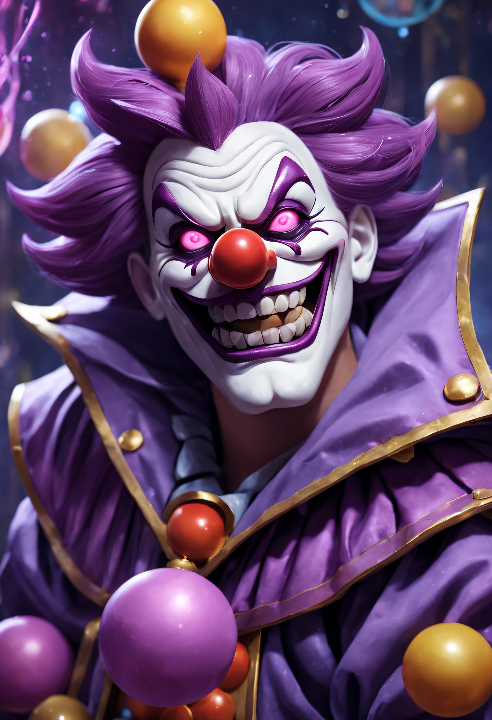 Hero in a clown mask，Photo of a clown in a purple robe and purple balls，The purple glowing core wears armor，The character wears a clown mask，Nocturne for League of Legends，Popular on artstation。 league of legends arcane，splashart，Aurelion Sol，Wear a clown mask，style of league of legends，Inspired by Huang Shen，Extremely detailed artistic germ ، الألوان الصويا ظجواني احمر اسود ازرق