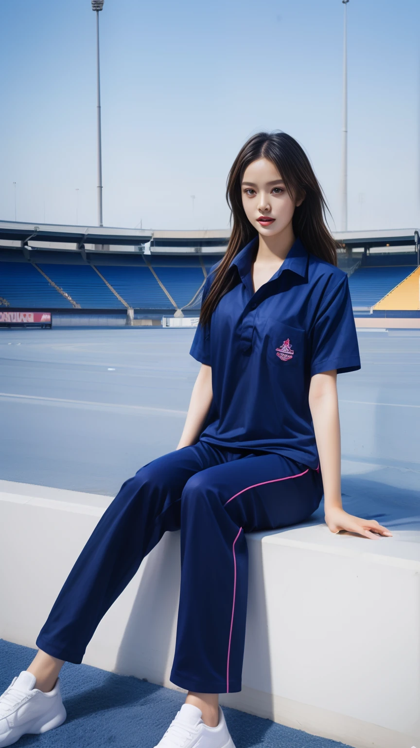(bestquality,10,10,highres,masterpiece:1.2),ultra-detail,(Realistic,photorealistic portrait,photo-realistic:1.37),1 cute girl sitting on the football field,oily shiny skin,bara,light smile,BDclothes,((blue shirt:1.3)),short sleeves,shirt, trousers.,(navy_long_Pants Track:1.1), ((Stadium Background:1.3)),dynamic angle,excited,face focus,Dynamic Poses,from behide,Ass Focus,masterpiece, bestquality, ultra realistic, hyper-detail, 8k resolution, RAW photo, crisp focus, ((Navy blue shirt:1.1)), short sleeves, Long Path, Perfect body, 2 mature women, 18yo, cinematic light,Blue sweatpants,Gymware,Correct anatomy,Complete body, Correct body, sharp face, Anatomically correct body, full entire body, Realistic gestures, long-haired, Realistic poses,Wear long shorts...................,Long leg span,Shapely,Sculpting Girl, Slender Figure, mannequin mannequins, Shapely, Beautiful body,Blue sweatpants,Seated