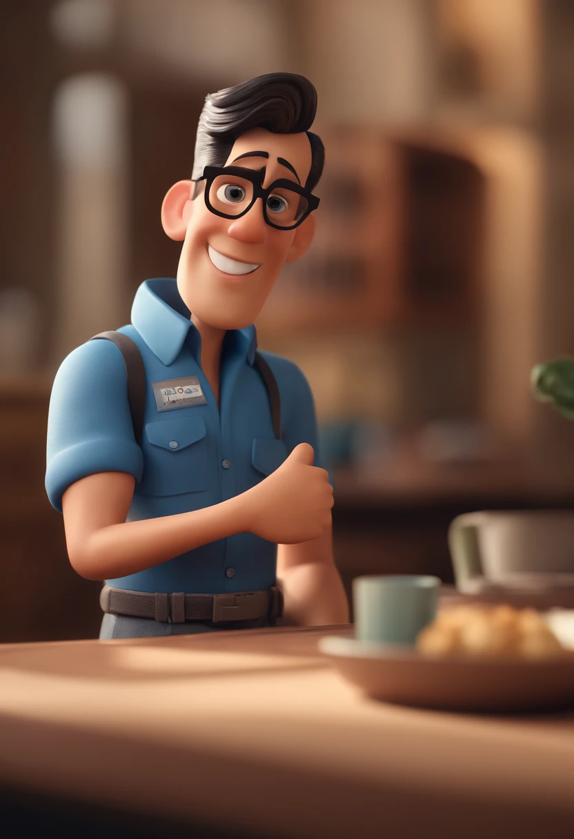 Cartoon character of a man with black glasses and a blue shirt, animation character, Caractere estilizado, animation style rendering, 3D estilizado, Arnold Maya render, 3 d render stylized, toon render keyshot, Personagem 3D, Personagem 3D, 3d rendering stylized, 3 d character render, personagem de desenho animado, Personagem de close up, Pose de personagem,  (Estilo Pixar) (master part:1.2) (Bokeh) (best quality) (pele detalhada) (textura detalhada) (8k) (argila) (Cinematic lighting) (foco nítido