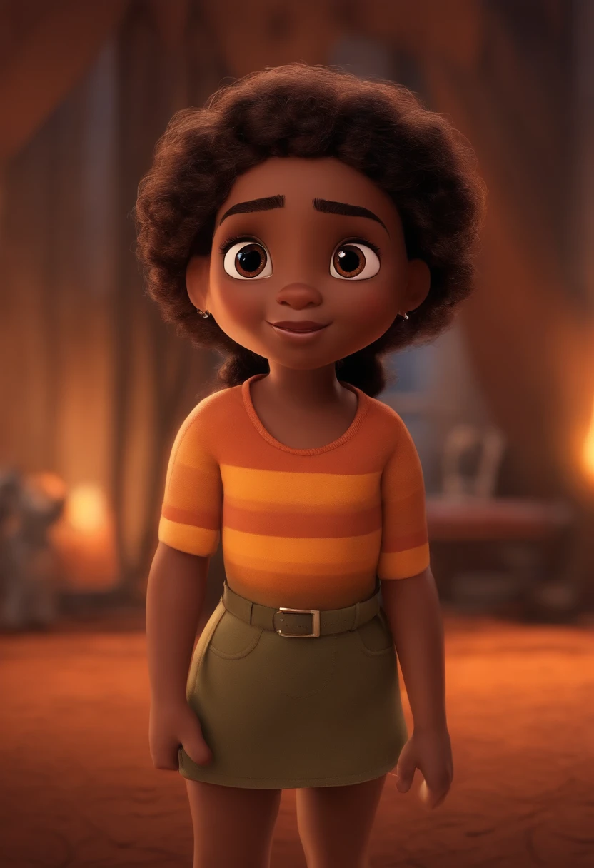 Crie um personagem menina no estilo pixar com pele marrom clara, cabelo enrolado preto, olhos preto  grandes