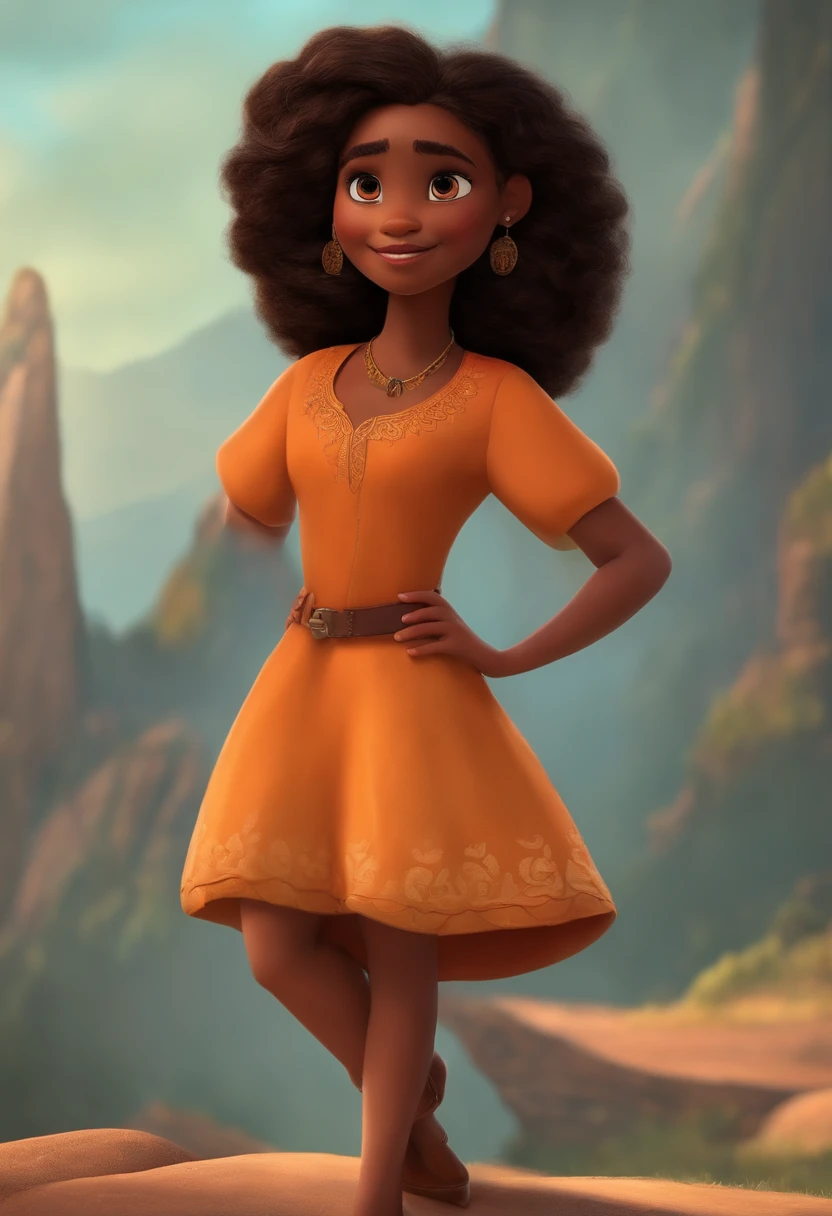 Crie um personagem menina no estilo pixar com pele marrom clara, cabelo enrolado preto, olhos preto  grandes