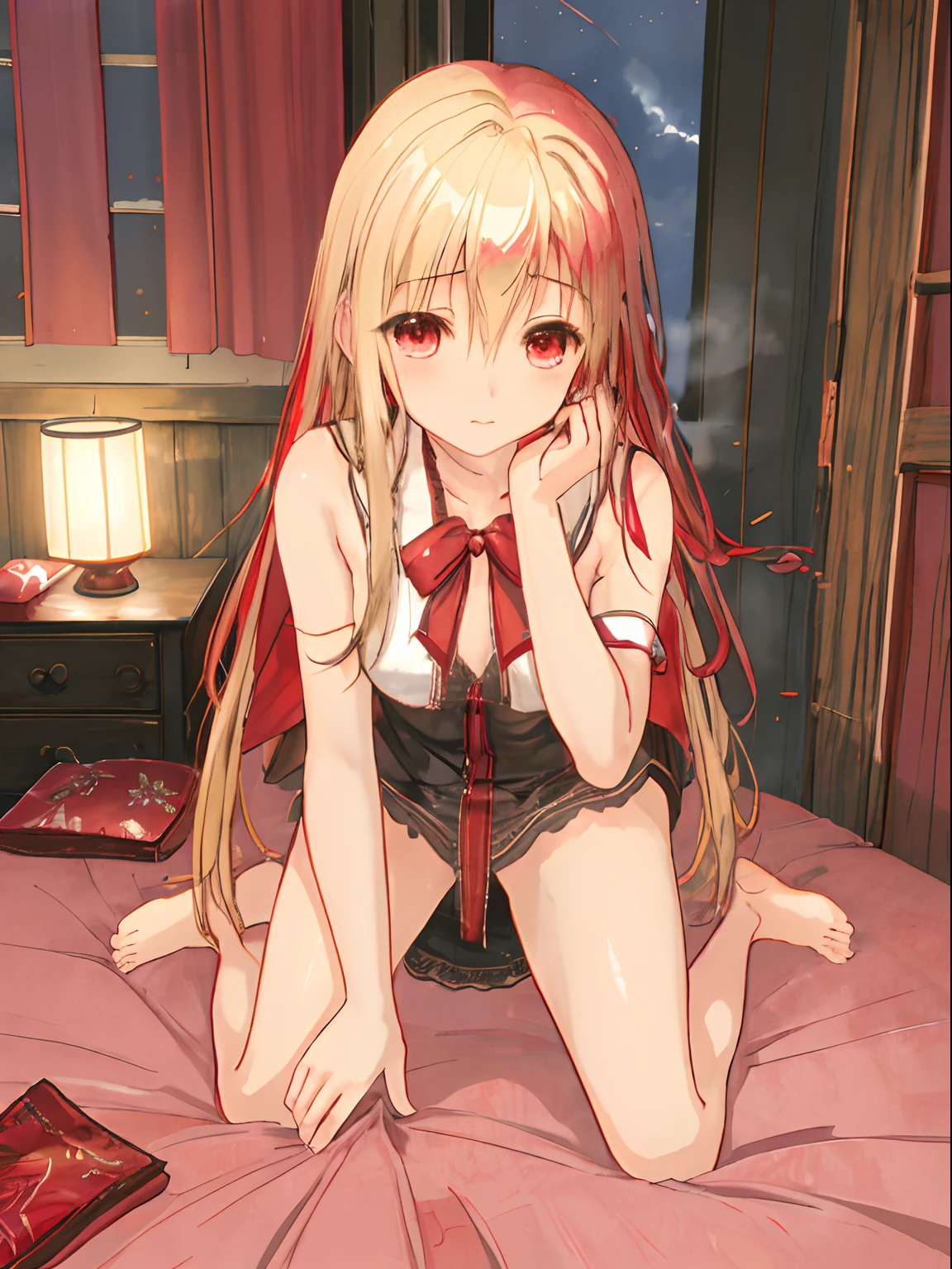 Scattered clothes after undressing,sexy underwear,Mokomoko winter clothes,Wavy blonde,red tide,a bed,Night outside,Calm room,Rooms with antique furniture,Bedroom,The room is filled with steam,begging,seductiv,Kamimei,AHE Face,Pleasant face