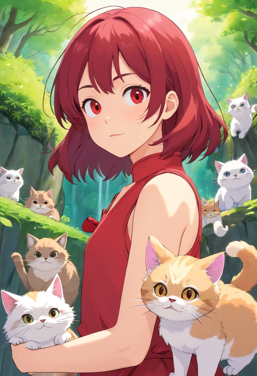 Apresentando o protagonista, uma jovem chamada Sara [(((cabelo liso) (curto) (vermelho claro)))]. She's winding a lilac jumpsuit, Her eyes are Asian. She is shown with kittens, andando numa rua do Brasil, Her face reflecting determination and resilience. The camera magnifies the hope that shines in your eyes