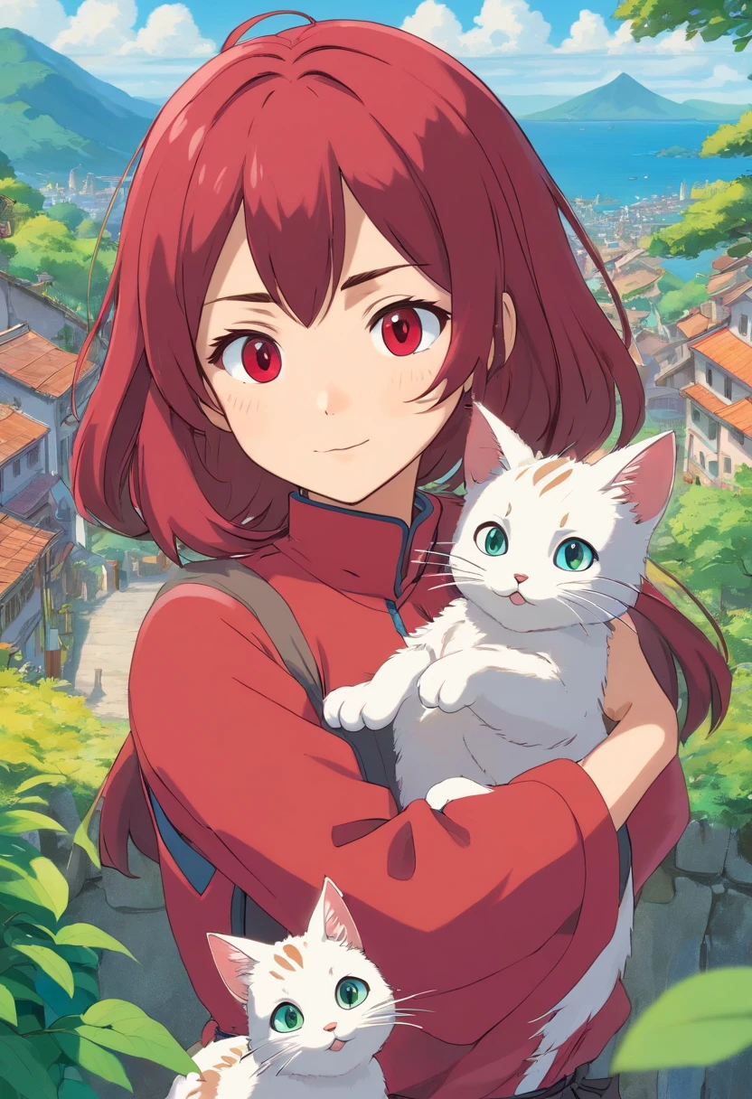 Apresentando o protagonista, uma jovem chamada Sara [(((cabelo liso) (curto) (vermelho claro)))]. She's winding a lilac jumpsuit, Her eyes are Asian. She is shown with kittens, andando numa rua do Brasil, Her face reflecting determination and resilience. The camera magnifies the hope that shines in your eyes
