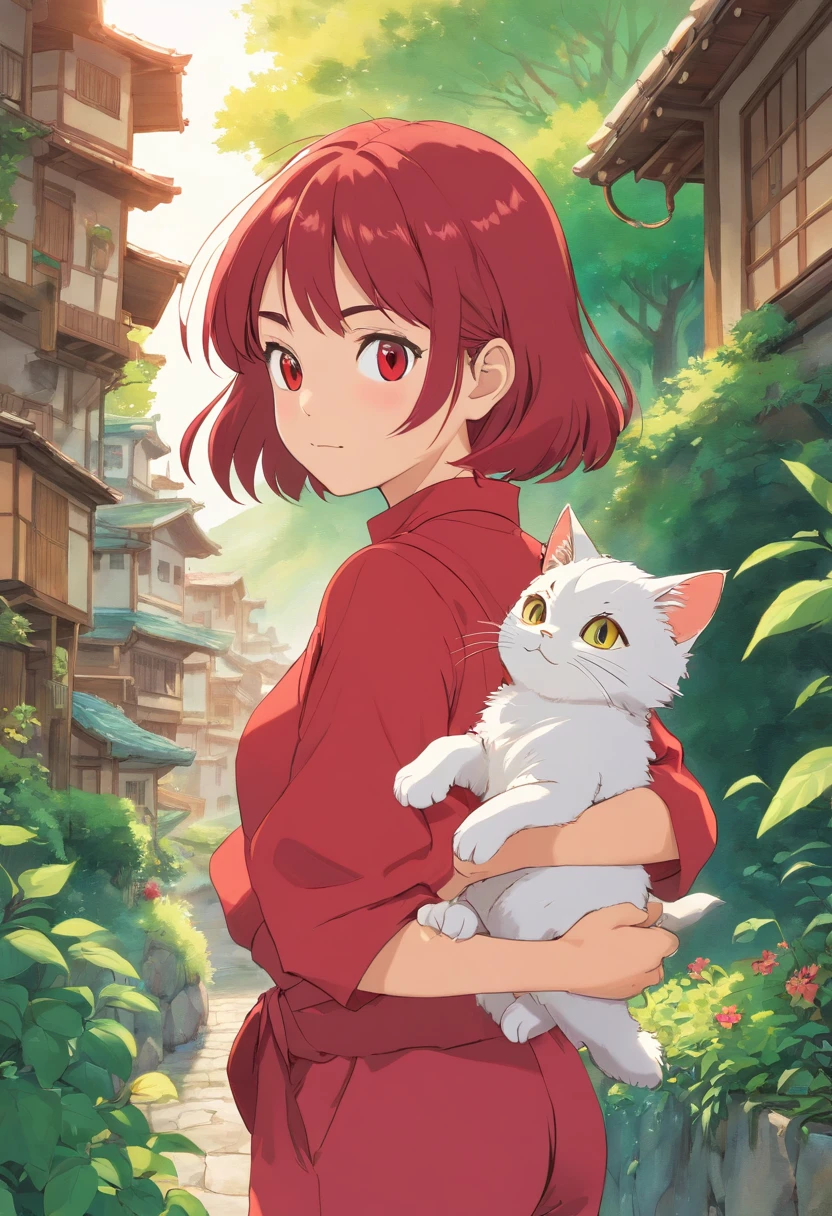 Apresentando o protagonista, uma jovem chamada Sara [(((cabelo liso) (curto) (vermelho claro)))]. She's winding a lilac jumpsuit, Her eyes are Asian. She is shown with kittens, andando numa rua do Brasil, Her face reflecting determination and resilience. The camera magnifies the hope that shines in your eyes