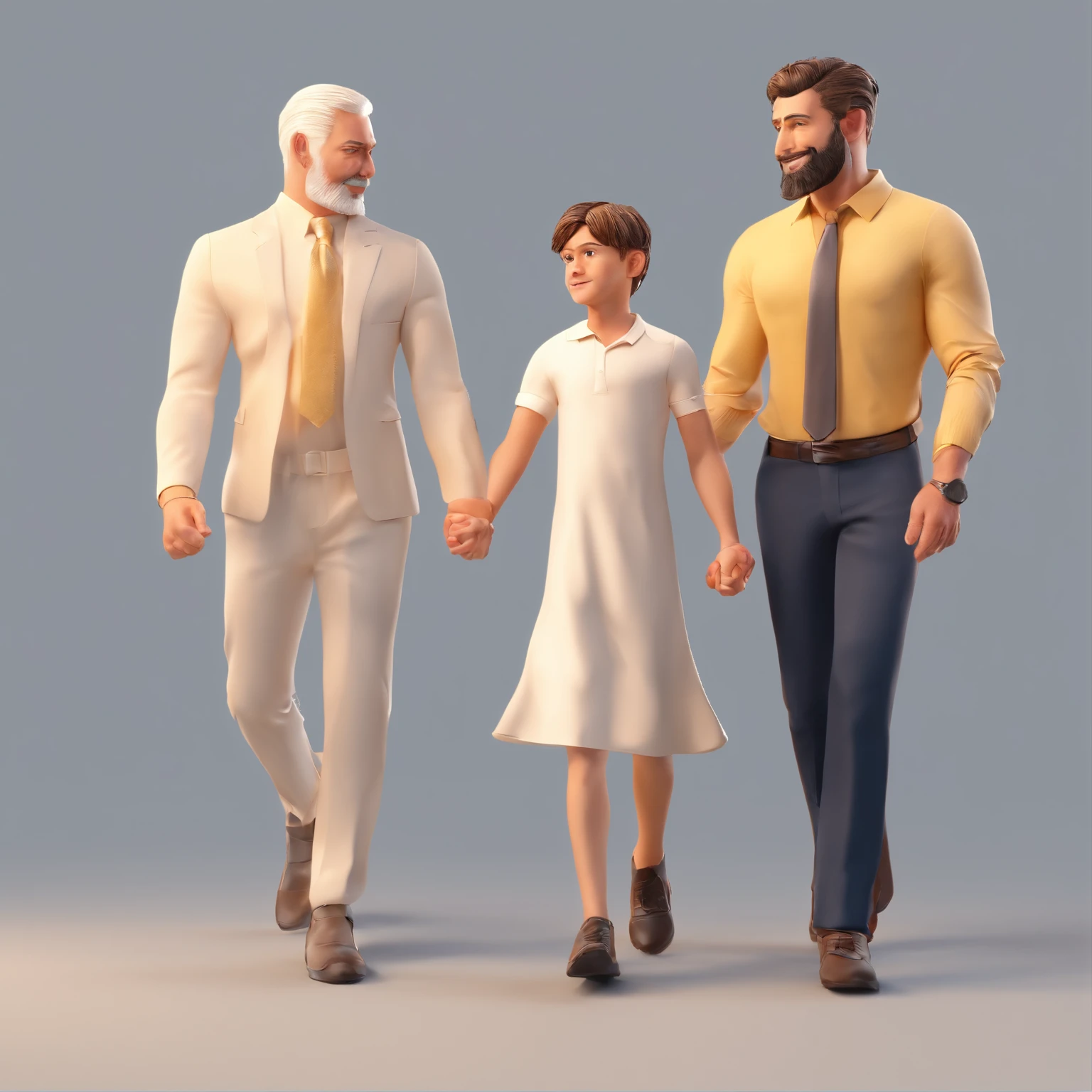 Father and son holding hands, pai com 29 anos cabelo branco penteado para lado com barba preta. Filho de 2 anos com cabelo castanho claro olhos castanhos