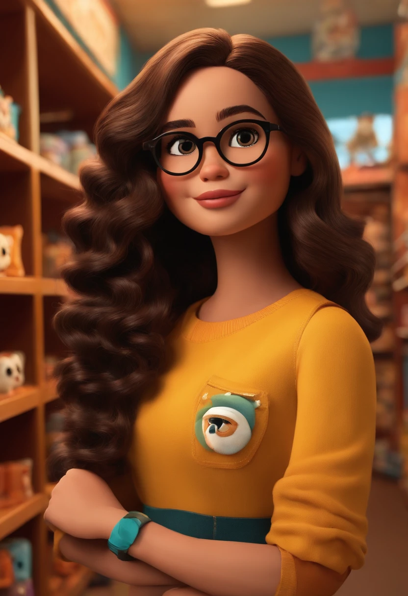 Crie um personagem feminino no estilo pixar dentro de um pet shop com pele morena clara, o cabelo e extra liso e preto tipo japonesa, Brown eyes wearing square glasses