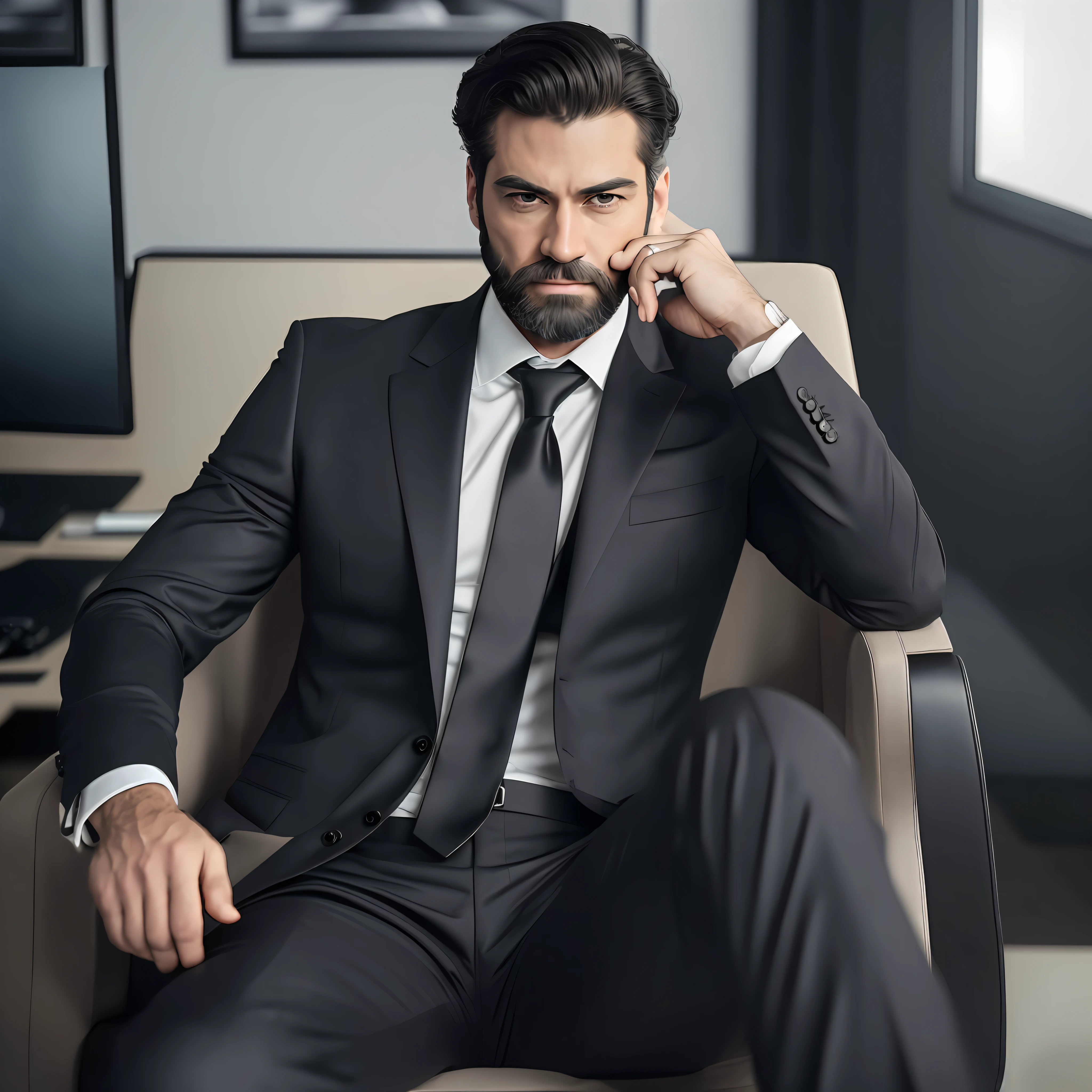 ((half body)) Photo RAW Ceo Man sitting in an office chair, wearing black suit, (Using Dark Beard) movie scene, (Impeccable) ,Serious and elegant man, , with thick male eyebrows, (with mysterious and serious face,) short dark hair, dark black background image, elegant, ( high quality and realistic image), ((Best Quality, 8k, Masterpiece) --auto --s2