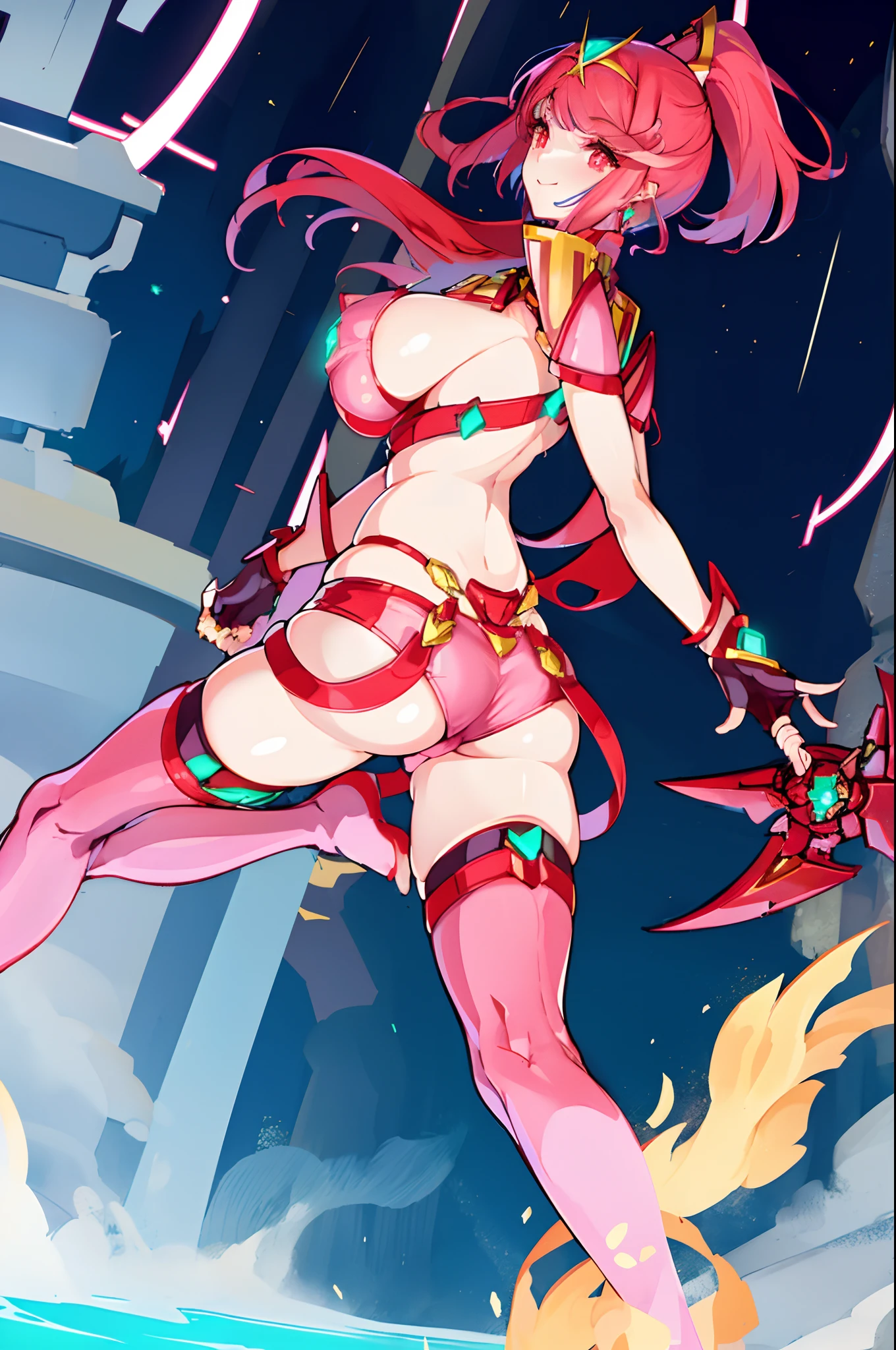 pyra \(xenoblade\), _1girl, lolings, black gloves, breasts, red eyes, shout, earrings, eyelashes, fingerless gloves, floating hair, , gem, gloves, hair ornament, headpiece, jewelry, gigantic_breasts, leaning back, swimsuit, neon trim, official art, pose, red hair, saitou masatsugu, short hair, sidelocks, skin tight, solo, swept bangs, thighhighs, tiara, fantasy_town_background, underbust, xenoblade chronicles \(series\), (xenoblade chronicles 2), (spread_legs:1.1), fire_effect,dynamic_pose,fighting,light_smile, (plump:1.1), big_ass,huge_sword, hold_large_sword_hilt, covered_nipples, covered_pussy, fists,ponytail,beautiful_fingers,(solo:1.1), bare_shoulder,(shoulder_naked:1.2), nipple_jewel,back, back_view, focus_ass,ass, (very_short_shorts:1.3),(lise_leg:1.4)