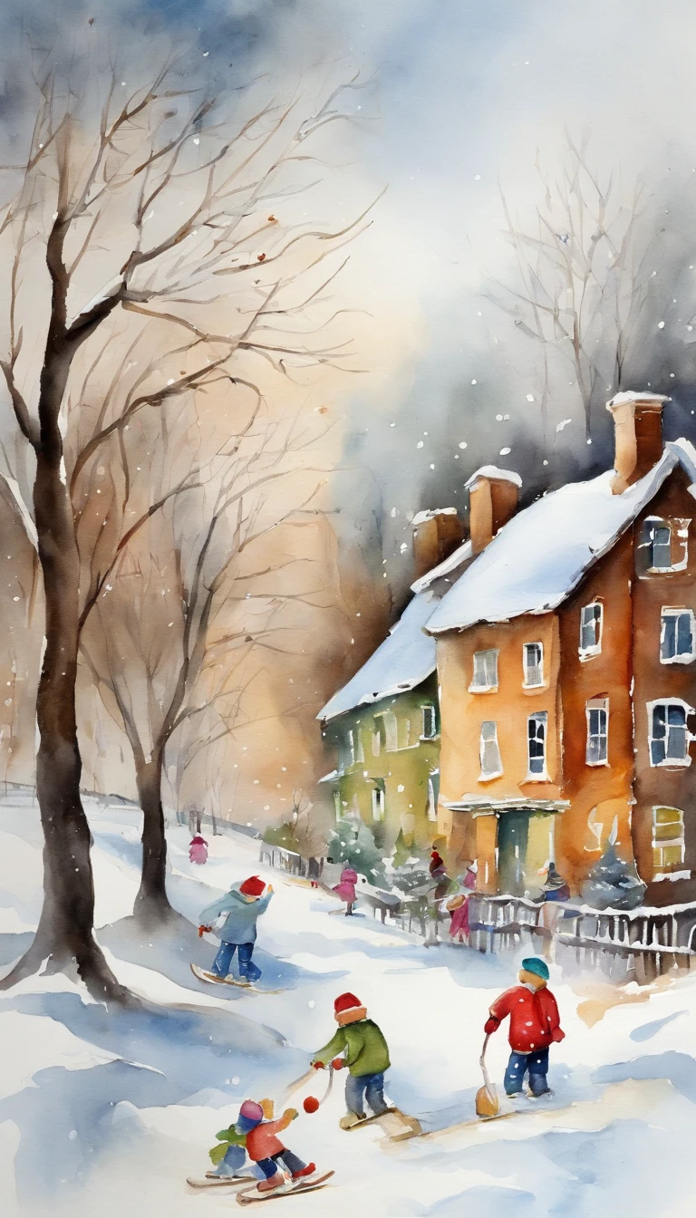 a painting. winter. Kids playing snowballs, Making snowmen, Sledding down the hill, Ice skating. Ice rink. Pine trees in the snow. Frosty Day. The city. High-rise buildings. merriment. joying. A lot of children.
