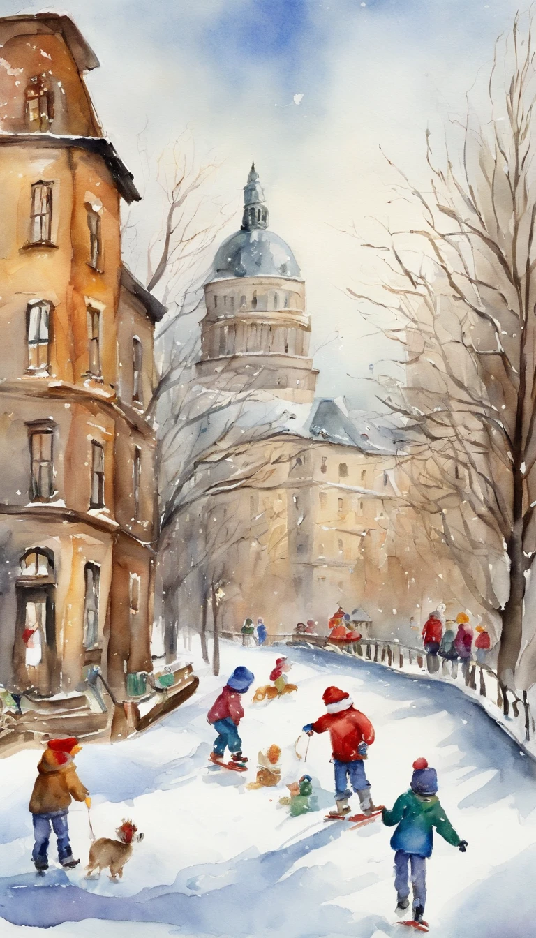 a painting. winter. Kids playing snowballs, Making snowmen, Sledding down the hill, Ice skating. Ice rink. Pine trees in the snow. Frosty Day. The city. High-rise buildings. merriment. joying. A lot of children.