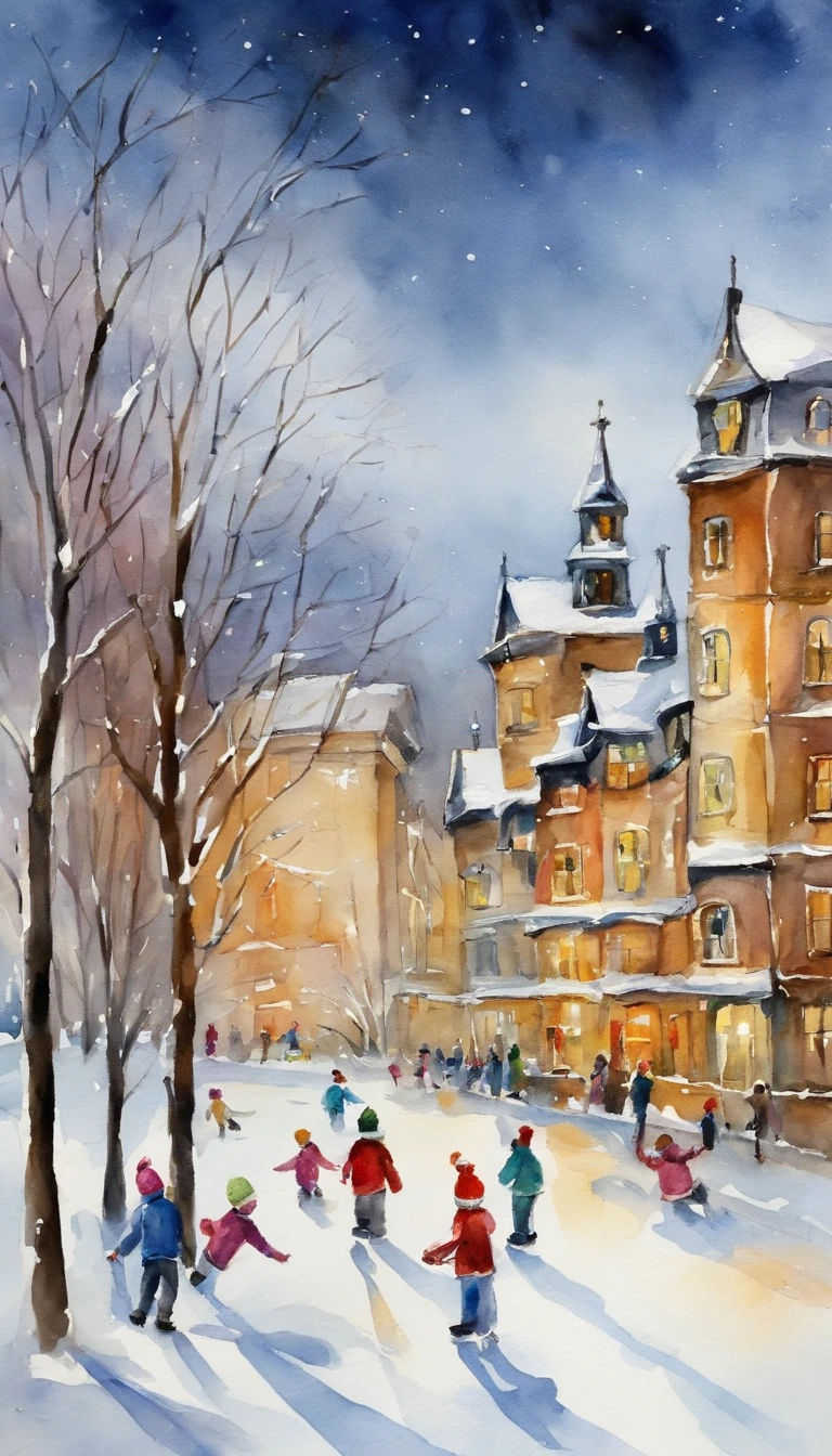 a painting. winter. Kids playing snowballs, Making snowmen, Sledding down the hill, Ice skating. Ice rink. Pine trees in the snow. Frosty Day. The city. High-rise buildings. merriment. joying. A lot of children.