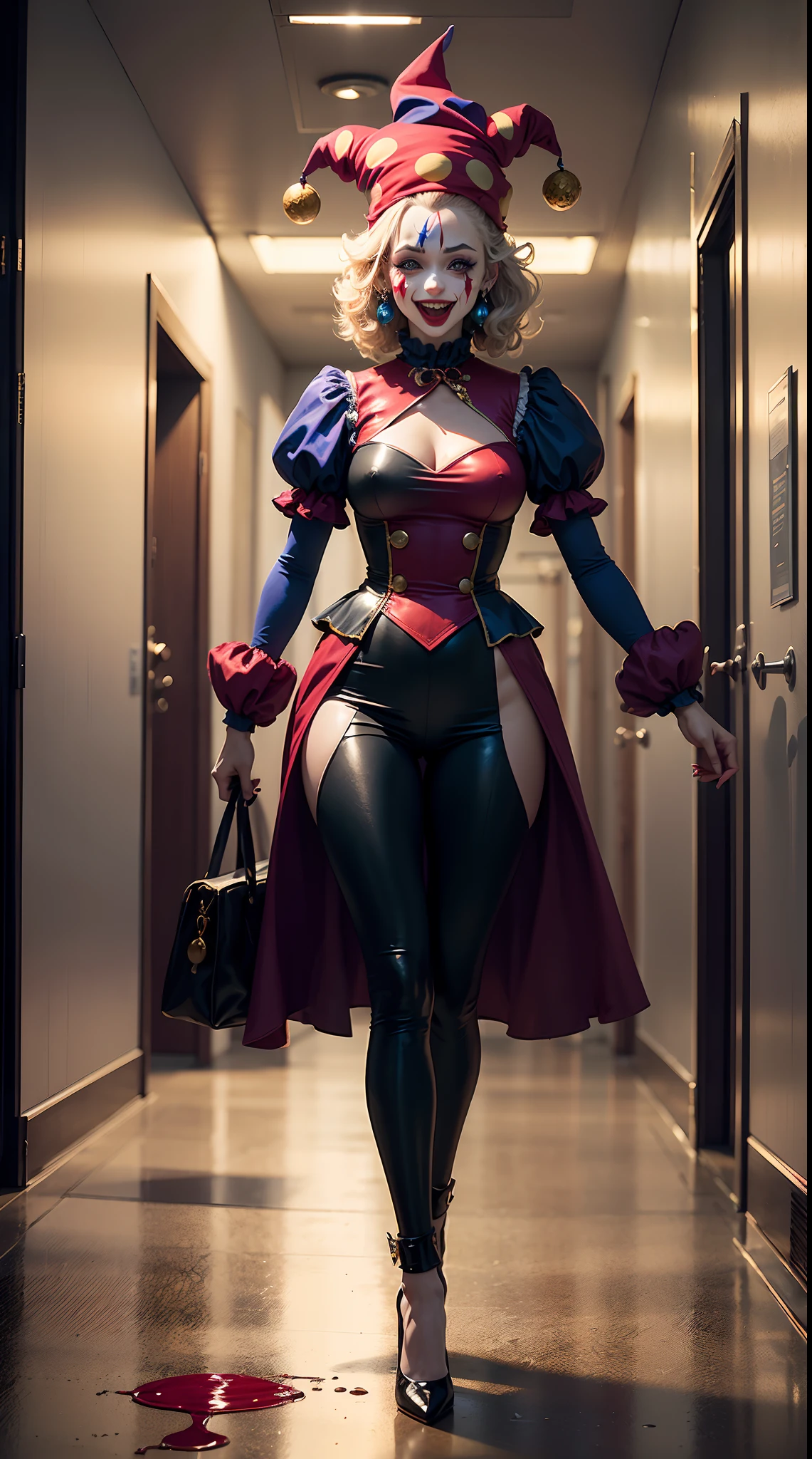 (Queen of the Psychotic Clown),Teardrop-shaped eyes,Reddens Nose,Cute,Wavy hair, feathered headdress,Sparkling sequins,(Colorful clown costumes), (Jester cap),high-heels。burst into laughter, (The ground was covered in blood), (Standing in the hospital corridor),Vibrant colors,painting-like,Sharp contrast,ominous lighting,Best quality, realistic, photo level fidelity: 1.37, artistic interpretation, masterpiece: 1.2, high-rise