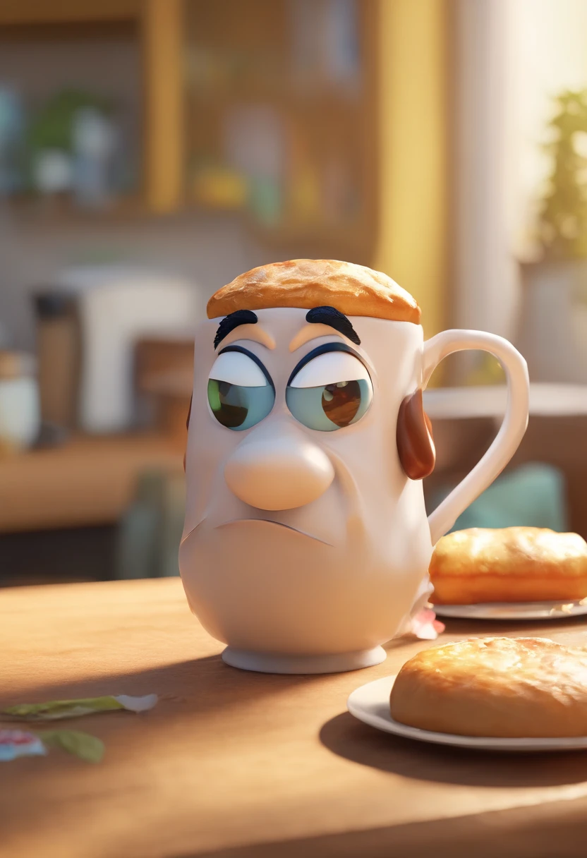 Criar um cartaz da Pixar, de um senhor de 81 anos, pele branca, cabelo loiro Crespo e bem curtinho, ele tem bigode loiro e olhos azuis bem vibrantes, and has frown lines between the eyes and forehead. They love to have afternoon coffee in their white ceramic mugs, and eat homemade bread and homemade cake, em suas cadeiras que fica junto de uma mesinha na varanda de sua casa.