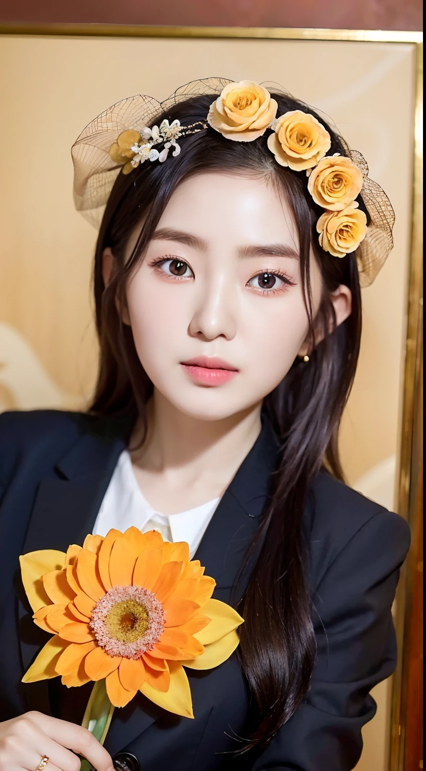 One in a suit，Close-up of a woman with a flower in her hair, Beautiful Chinese woman, Beautiful young Chinese woman, Gorgeous young Chinese woman, Korean girl, young adorable chinese face, Chinese woman, Cute Chinese actress, high quality portrait, wan adorable korean face, Beautiful Asian girl, portrait of female Chinese idol, Lovely woman, Very beautiful girl