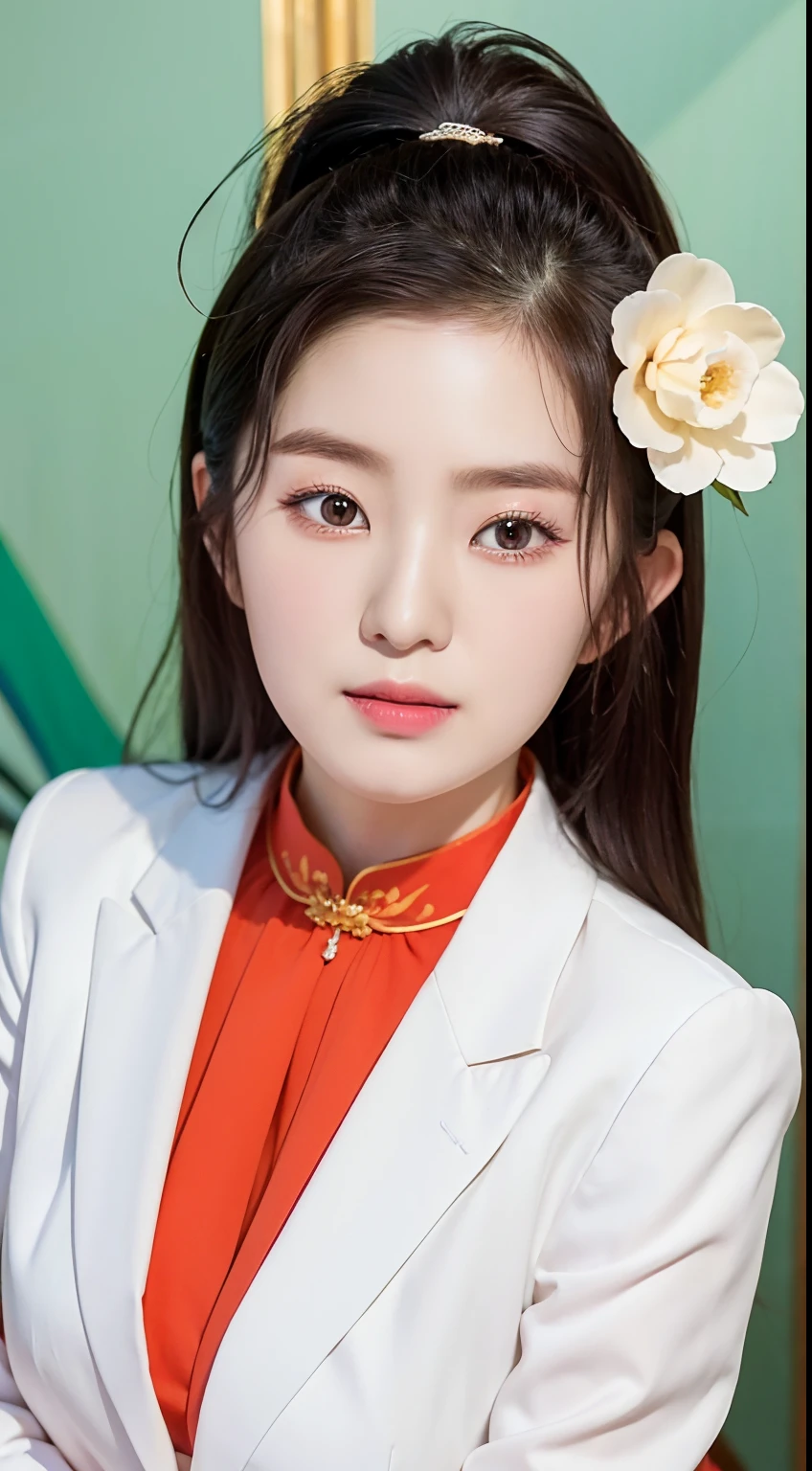 One in a suit,Close-up of a woman with a flower in her hair, Beautiful Chinese woman, Beautiful young Chinese woman, Gorgeous young Chinese woman, Korean girl, young adorable chinese face, Chinese woman, Cute Chinese actress, high quality portrait, wan adorable korean face, Beautiful Asian girl, portrait of female Chinese idol, Lovely woman, Very beautiful girl