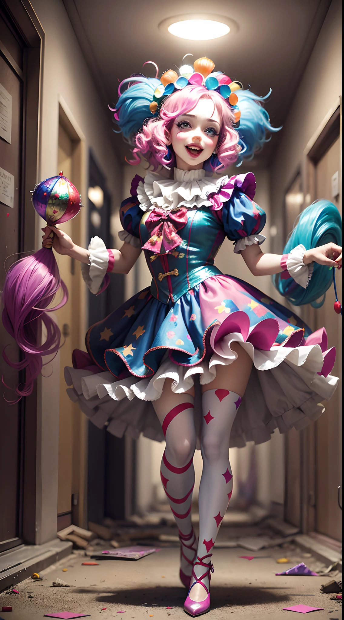 (Queen of the Psychotic Clown),Teardrop-shaped eyes，Reddens Nose，Cute,Wavy hair, feathered headdress，Sparkling sequins,(Colorful clown costumes), (Jester cap)，high-heels。burst into laughter, (The ground was covered in blood), (Stand in an abandoned hospital hallway),Vibrant colors,painting-like,Sharp contrast,ominous lighting,Best quality, realistic, photo level fidelity: 1.37, artistic interpretation, masterpiece: 1.2, high-rise