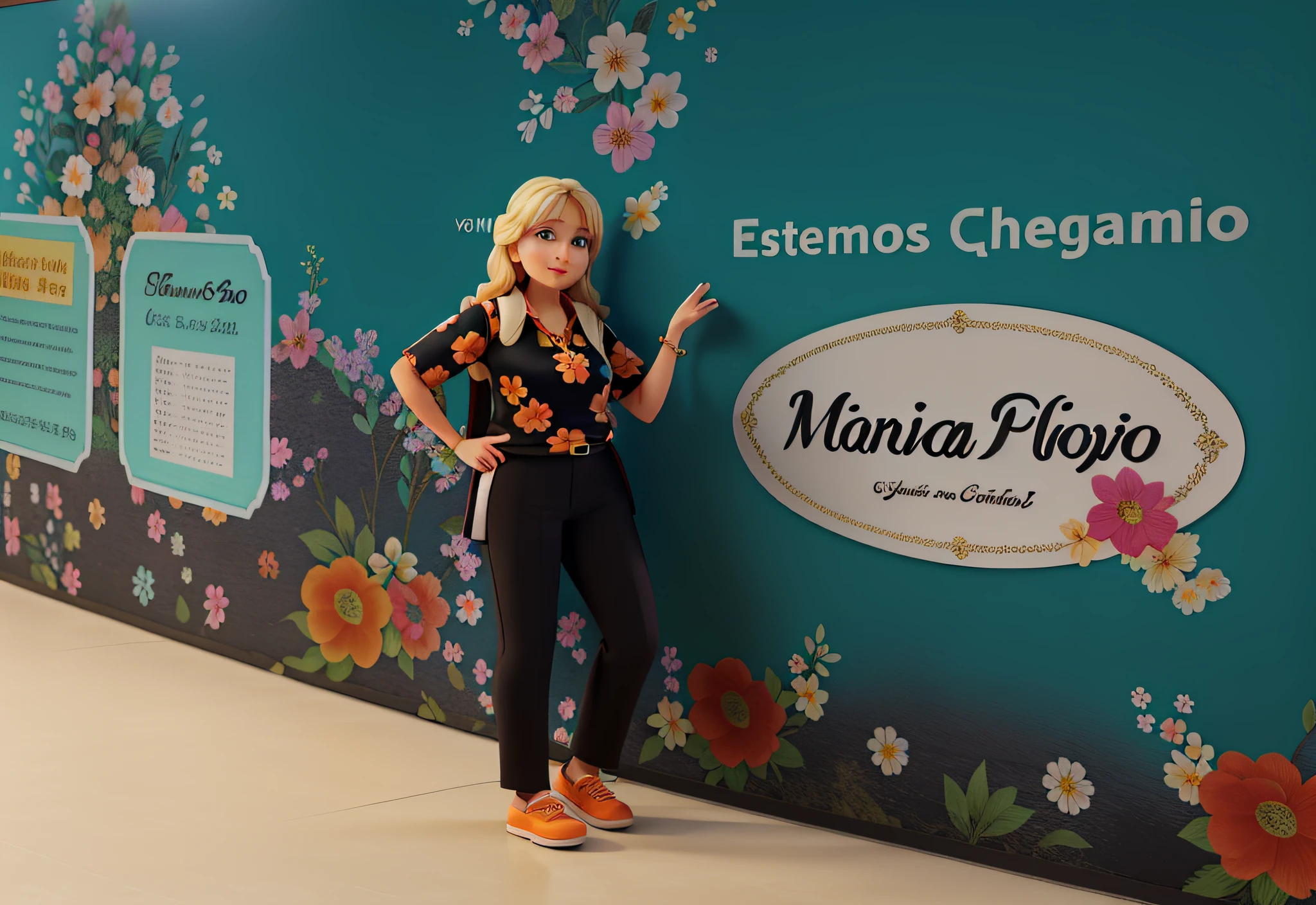 A blonde 50-year-old woman with a flowery blouse and black pants and orange shoes, ao fundo estampas de flores escrito "estamos chegando" "Maria Flor" o personagem apontando para o fundo, alta qualidade, melhor qualidade