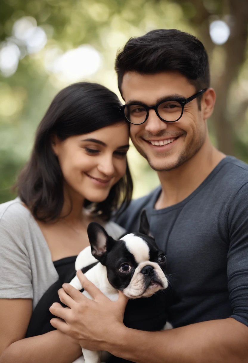 Pixar. Couple with a French bulldog puppy, 2 months old, black. The girl has loose black hair, gray t-shirt and light jeans, white glasses. The boy, a brunette with black hair, wears a cap, a small beard, dark blue jeans and a gray T-shirt. They're both smiling, she's 23 and he's 34.